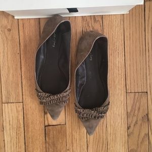 Elizabeth and James Jessi Pointed Toe Ruffle Suede Flat in Olive Taupe 9M